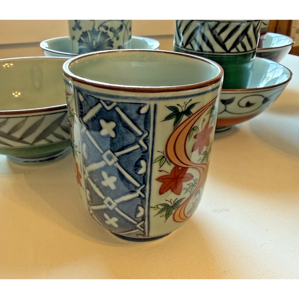 Yunomi Tea Cup & Rice Bowl Set VTG Arita Ware Orchid Kiln 10 Pc Japan Signed - Picture 13 of 16